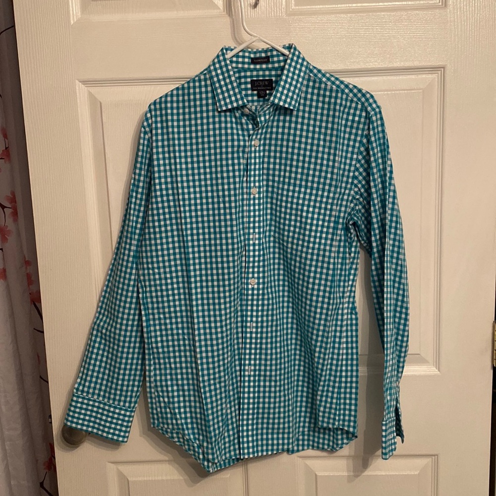J Crew Flex Wrinkle Free LS green/white check shirt. Medium. 15-15 1/2.